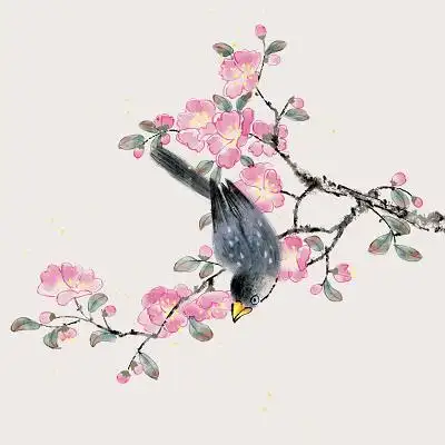 中国风手绘水墨花鸟桃花喜鹊 素材元素