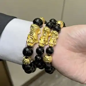 香港周大福招财纳福黄金皮丘手串 吉祥如意999足金貔貅手链男士款