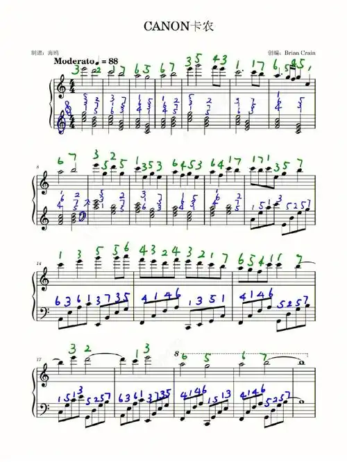 易学卡农钢琴谱手标简谱