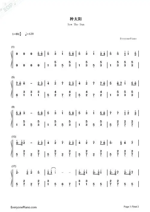 种太阳双手简谱预览1-钢琴谱文件(五线谱,双手简谱,数字谱,midi,pdf)