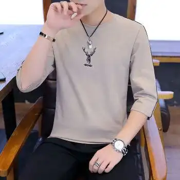 2021夏季七分袖t恤男士韩版修身帅气潮流中袖打底衫衣服7分短袖男卡其