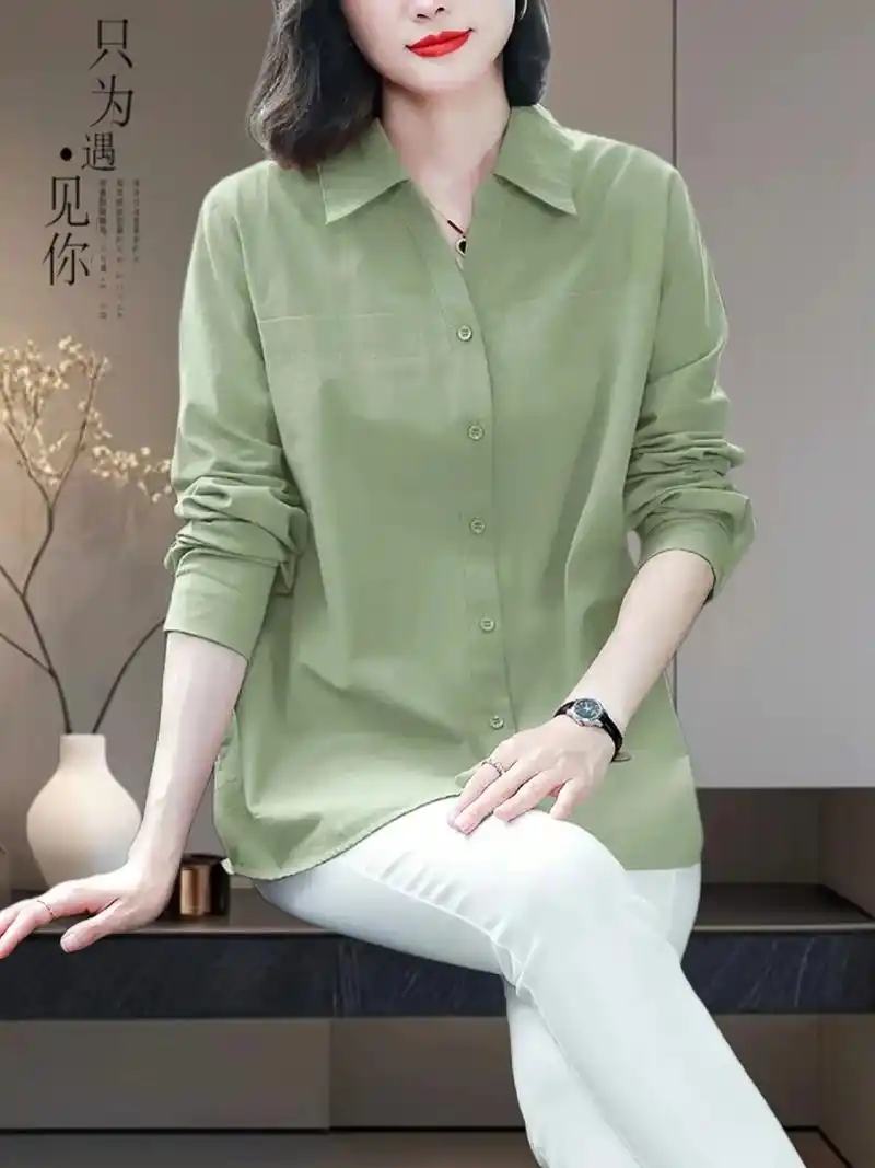 纯棉长袖衬衫女中年妈妈宽松中长款休闲衬衣春秋季加肥加大码女装