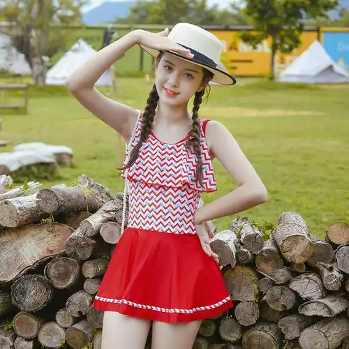 儿童泳衣韩版ins女中大童连体游泳衣可爱速干荷叶边温泉女童泳装