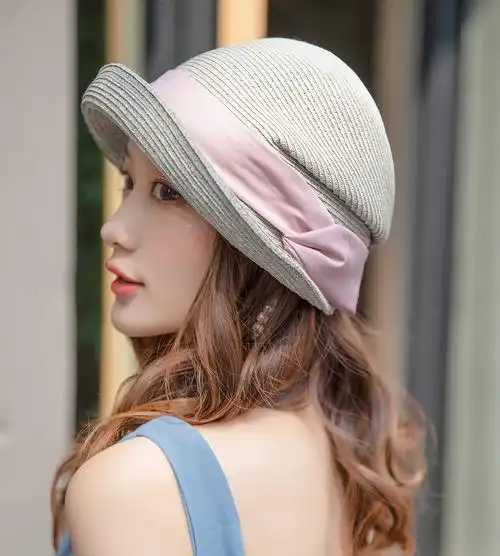 复古优雅草编钟形帽海边透气日本遮阳逛街出游褶皱翘边草帽女春夏