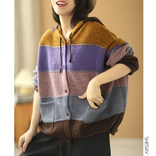 晓说 配色绝美安哥拉绒文艺休闲连帽彩条连帽针织衫毛衣开衫外套