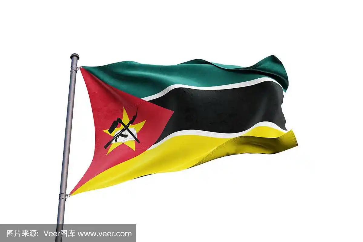 莫桑比克国旗在白色背景上挥舞,近距离,孤立- 3d插图