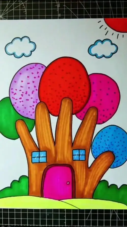 五彩树屋手掌画创意手掌画