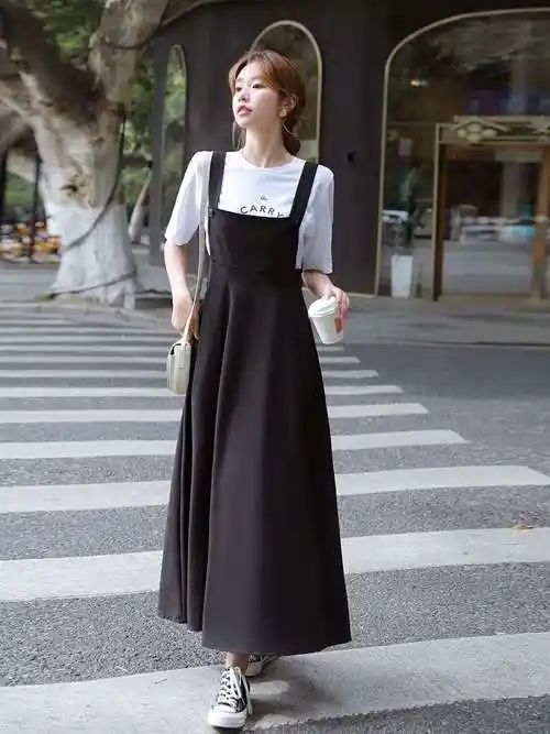 墨梅高个子女装170高个子超长款背带裙女长裙到脚踝收腰连衣裙子