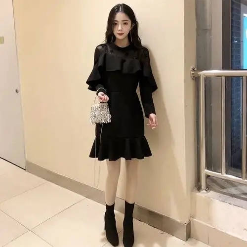 小香风赫本小黑裙荷叶边鱼尾连衣裙长袖女2017新款秋冬黑色小礼服