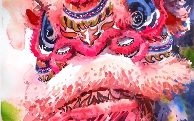 【水彩】no.128《猛狮粉》醒狮绘画视频