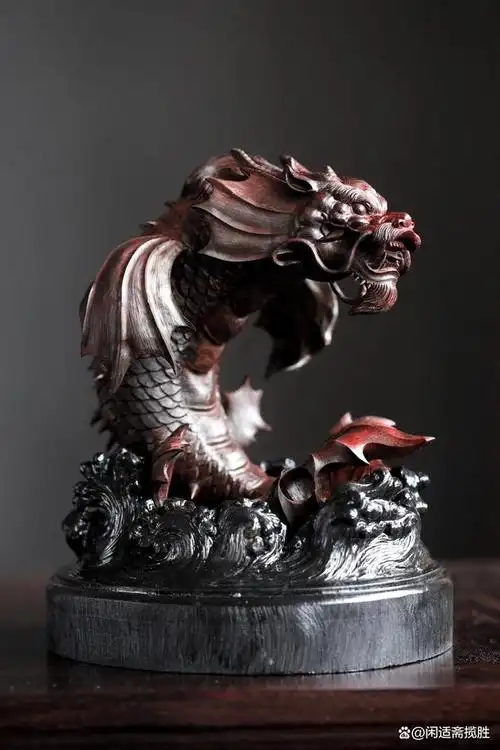 鲤跃龙门,飞黄腾达,鱼化龙,紫檀木雕摆件