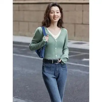 茵曼假两件薄款针织衫女毛衣