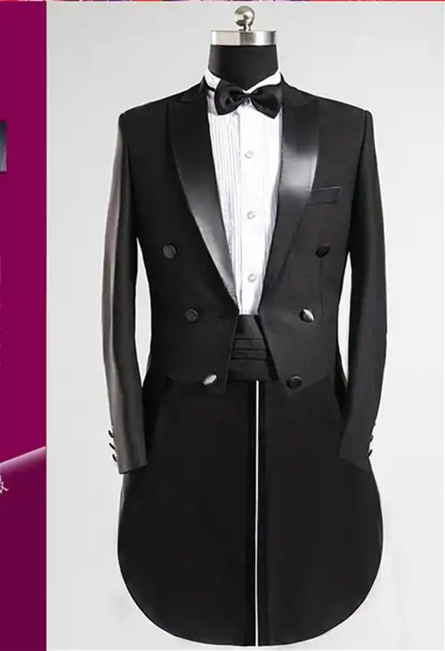 燕尾服六件套男士西服礼服手工定制黑色修身燕尾服结婚新郎服演出服长