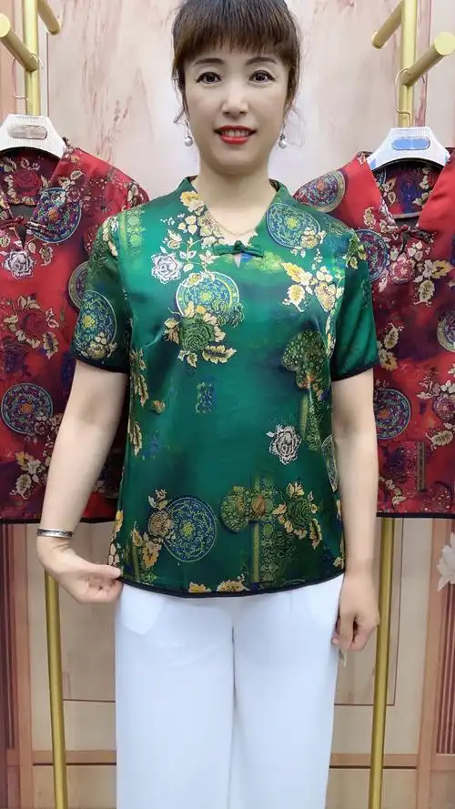 真丝缎旗袍上衣c193款盘扣夏季中老年妈妈装
