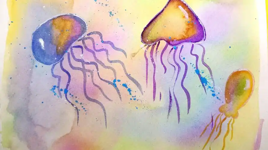 儿童水彩画:画海洋里的小动物水母