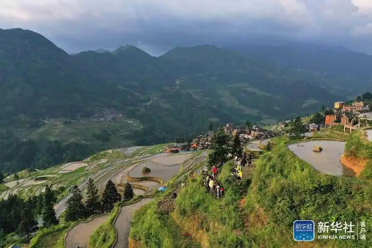 游客在贵州省从江县加榜乡加车村拍摄梯田风光无人机全景照)