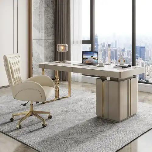 意式极简轻奢书桌现代岩板台式电脑桌北欧小户型办公桌家用写字桌