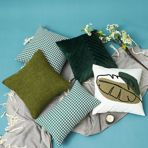 北欧ins风抱枕套样板房沙发靠枕套不含芯绿叶千鸟手工褶皱抱枕套