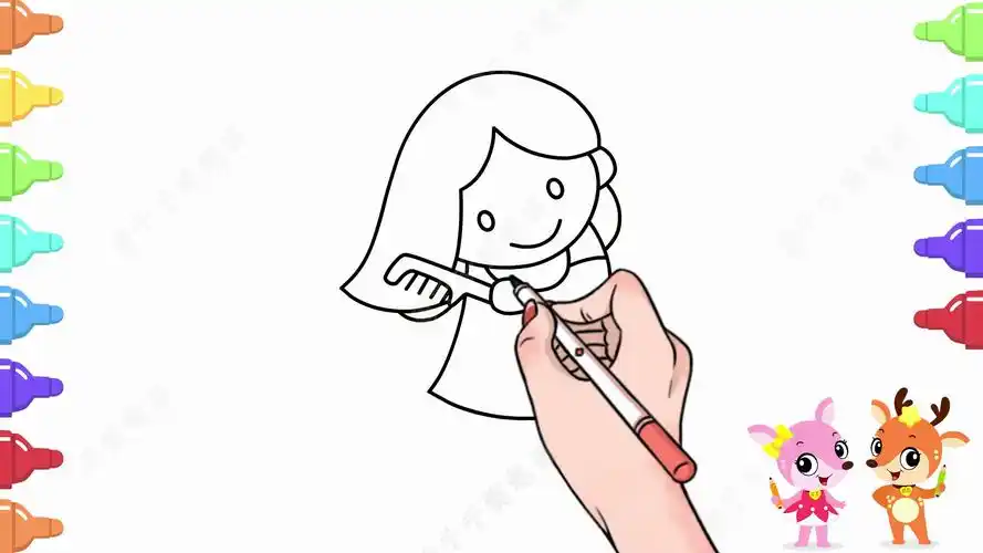 亲子画梳头发的小女孩简笔画