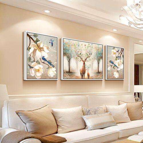 北欧风沙发背景墙客厅装饰画大气轻奢壁画现代简约麋鹿挂画三联画