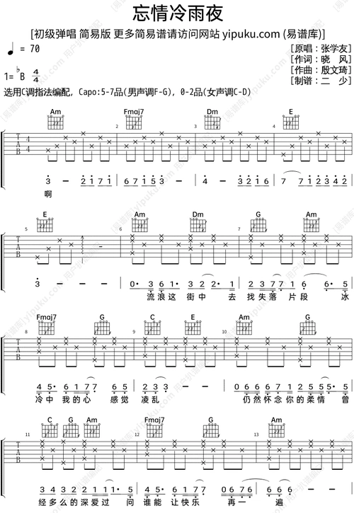 张学友忘情冷雨夜吉他谱简单版六线谱初学者c调简易弹唱版女生版cd