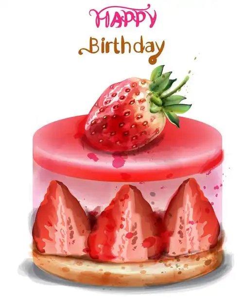 草莓生日蛋糕矢量水彩生日快乐美味卡片