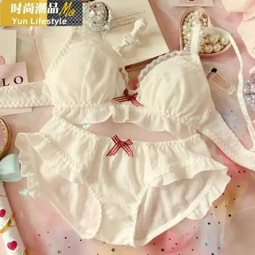 yunwuxin日系软妹洛丽塔少女棉可爱公主卷边无钢圈内衣三角杯文胸套装