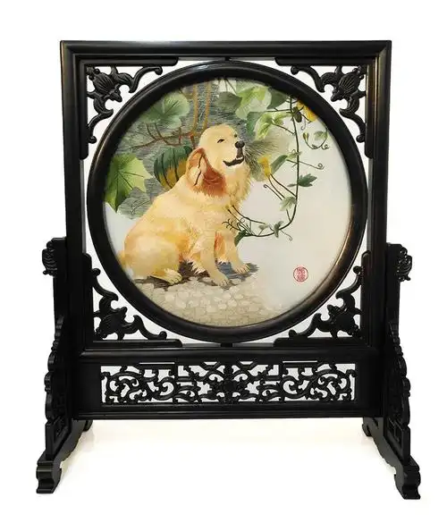 紫金湘绣双面绣摆件 纯手工刺绣牡丹熊猫紫檀木装饰摆台 出国送礼