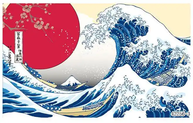 日式浮世绘神奈川海浪墙纸卧室宿舍寿司店日本料理手绘壁纸餐厅