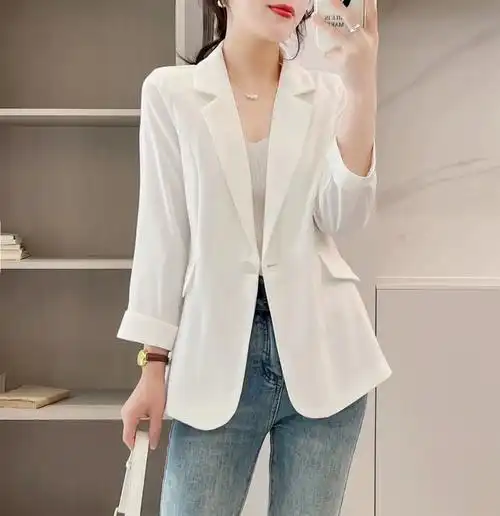 女外套薄款百搭上衣通勤修身外套型拼接七分袖粉红色小西装小西装