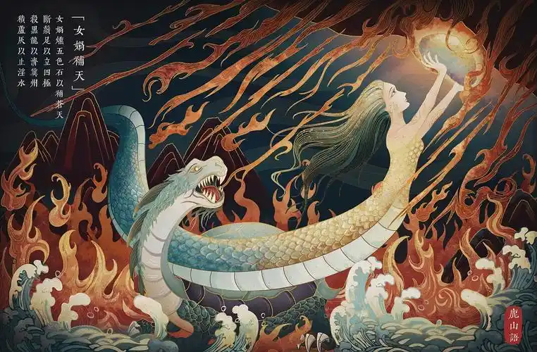 原创国风商业插画中国神话故事系列——女娲补天
