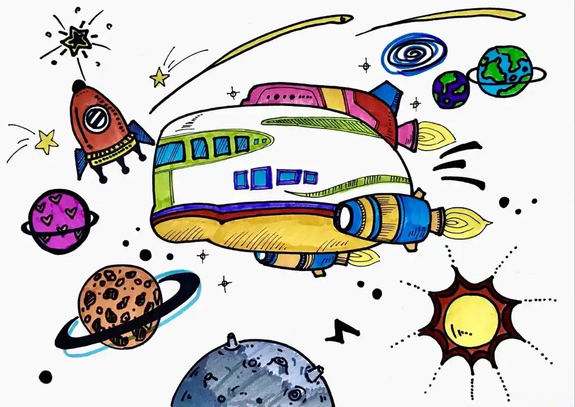 创意线描 ▏太空飞船 7岁可画 后面的背景可以用海