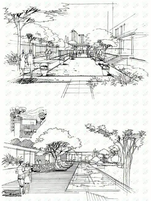 园林景观透视效果图线稿画起来吧