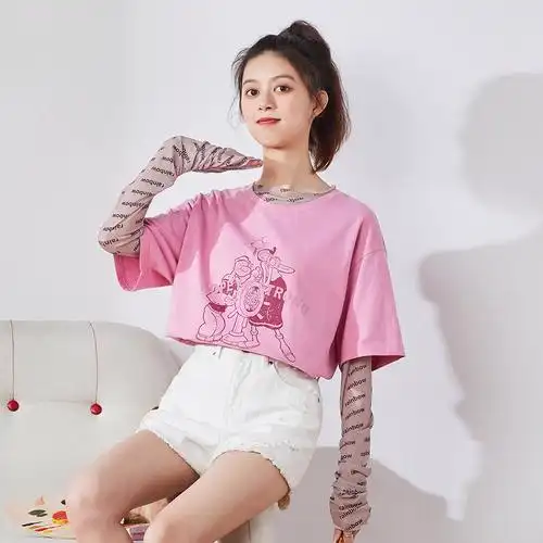 [5折价59元][大力水手联名]唐狮粉色短袖t恤女夏装新款纯棉内搭宽松