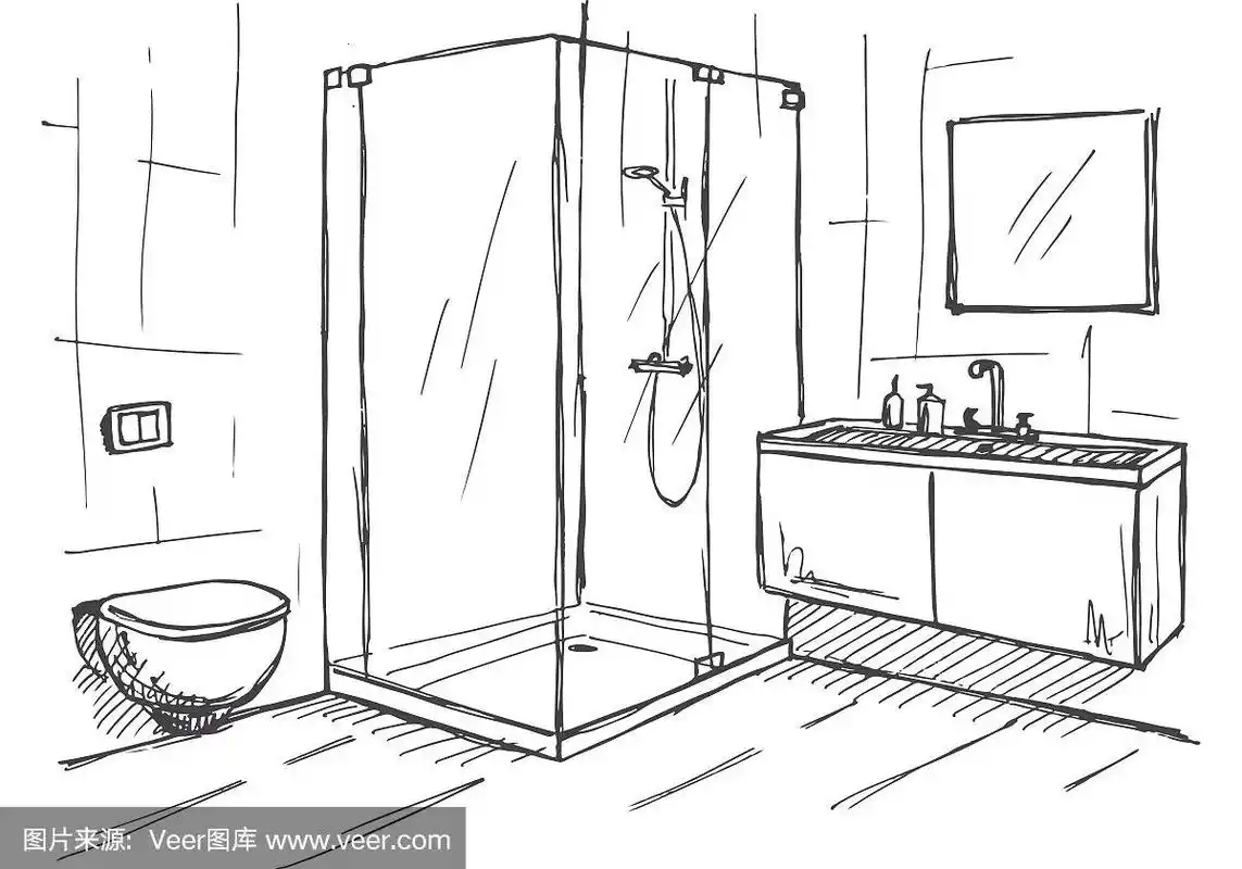 手绘草图.室内的线性草图.浴室的一部分.矢量图