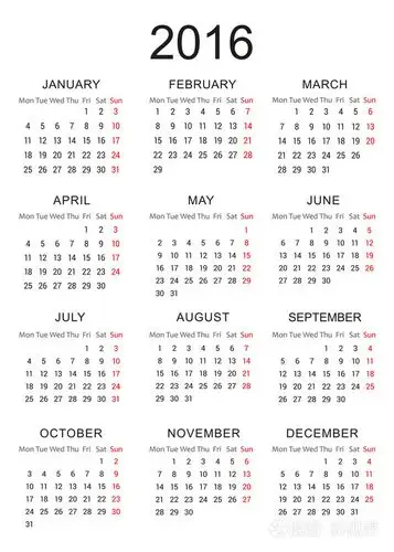 简单的日历的2016年矢量