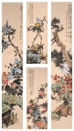 「艺术中国」中美协书协双会员张平子六尺对花鸟四屏《春夏秋冬》