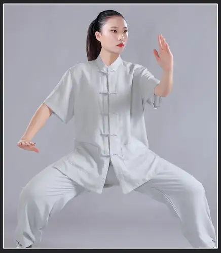 夏天短袖棉麻太极服女夏季刺绣中式太极服装太极拳练功服女武术服