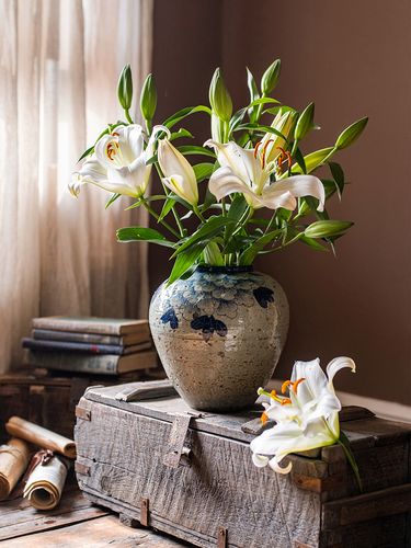 掬涵沉壁青花瓷陶罐花盆复古粗陶手绘牡丹花瓶插花水培花器古风