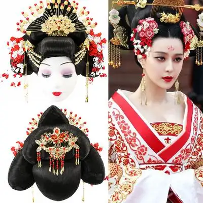 唐朝杨贵妃整体宫廷发冠头饰高温丝整顶反串复古演出头套整顶假发