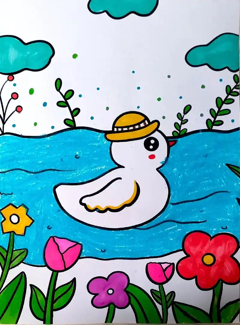 天气太热啦,小鸭子都跑去游泳啦,可爱的小动物简笔画,今天你画 - 抖音