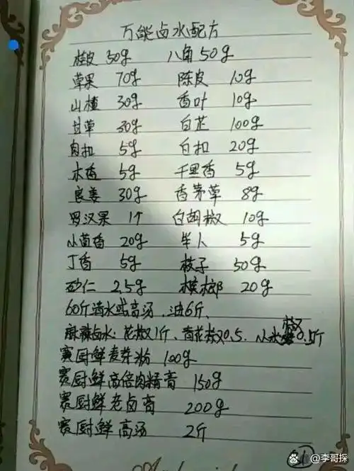 老师傅的六款手写卤水香料配方大公开,喜欢的请收藏.