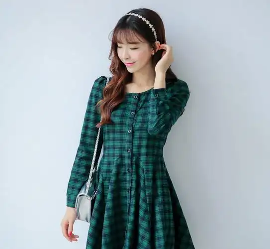 实拍6362 秋冬新款好质量磨毛格子连衣裙 经典格纹百搭大摆