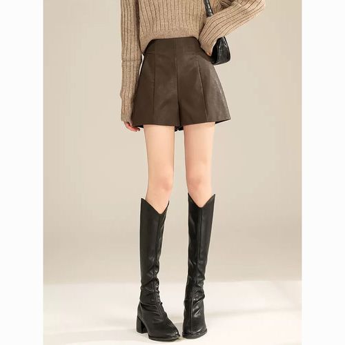 黑色皮短裤女秋冬高腰a字阔腿显瘦外穿pu打底小个子配靴马丁靴裤