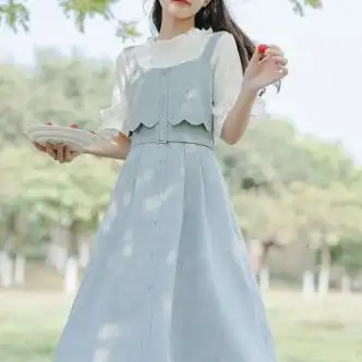 nrdcz多巴胺穿搭套装女学生夏季一整清新衬衫背带连衣裙两件单件蓝色