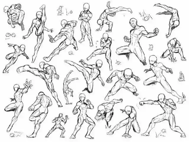 剑,枪支战斗的人物插画,以及战斗时身体动作幅度很大的人物格斗动作画