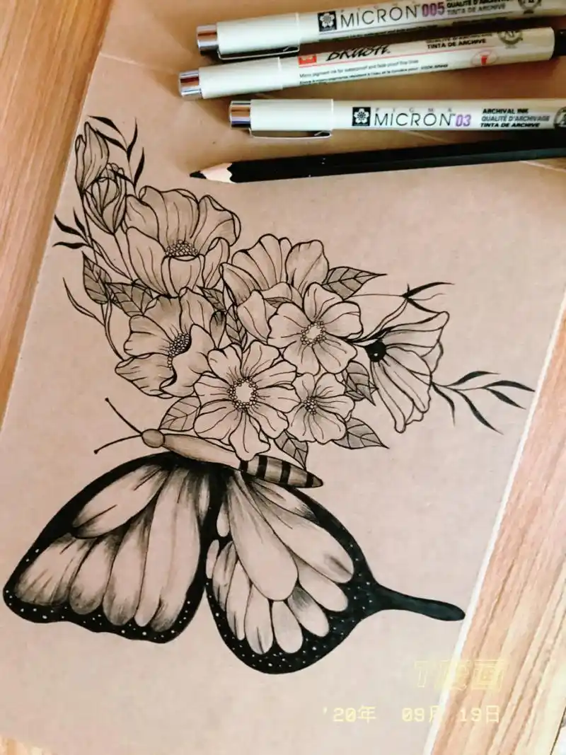 针管笔黑白装饰画临摹 花蝴蝶03步骤图分享 9月份孕晚期坚持的一天