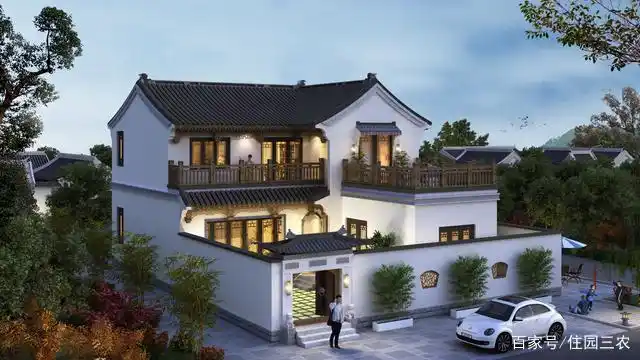 农村自建二层中式小院,面宽不到15米,5室1厅,很复古,很漂亮