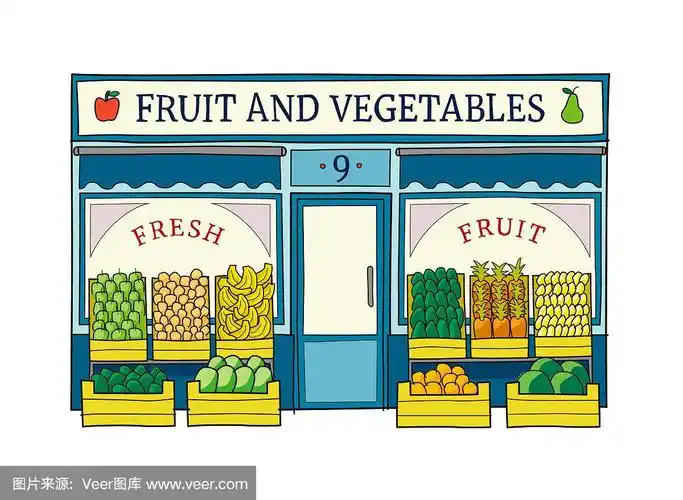 水果和蔬菜前面矢量插图上手绘风格.杂货店正面的线条图.