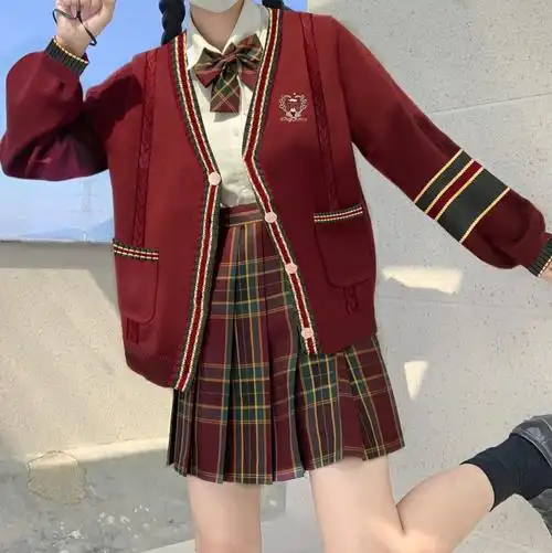 希尔库班新年红色战袍jk制服学生本命年红色jk秋冬季毛衣格裙日系全套